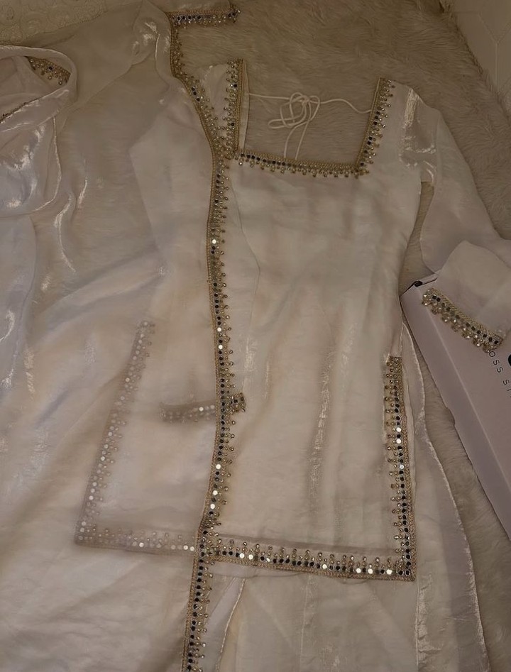 Elegant White Mirror Work 3-Piece Suit Organza Eid
